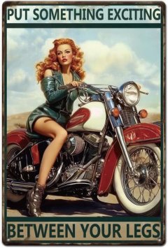 Motorcycle Tin Sign, Pinup Lady Riding Decor for Man Cave