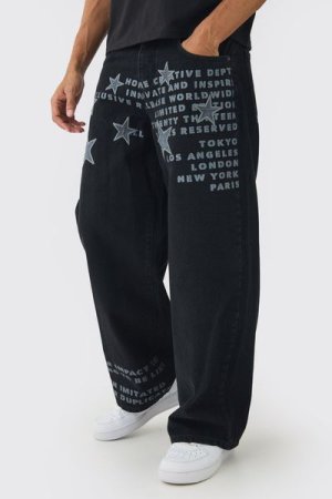 boohooMAN - Men's Baggy Rigid Star Applique Denim Jeans - Washed Black