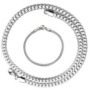 Stainless Steel Flat Snake Cuban Bar Chain 60cm with Matching 21cm Bracelet