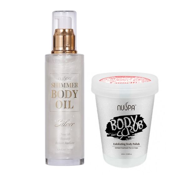 NUSPA Body Scrub - Camellia 250ml &amp; Shimmer Body Oil 100ml- Silver