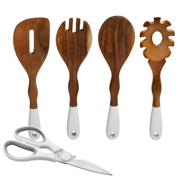 5-Piece Wooden Kitchen Utensil Set with Pasta Server &amp; Scissors