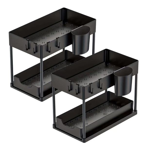 2-Pack Under-Sink Organizer With Sliding Drawer &amp; Hook Cabinet Organizer
