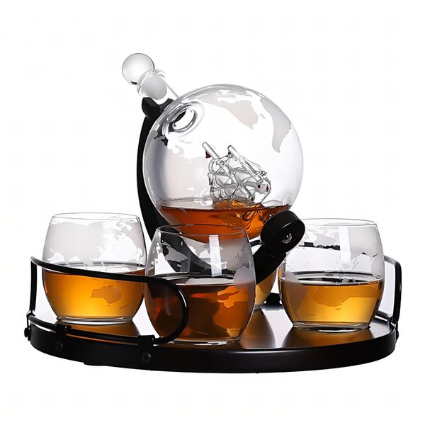 Beautiful Glass Sphere Decanter with 4 Glasses, Ideal for Whiskey Lovers