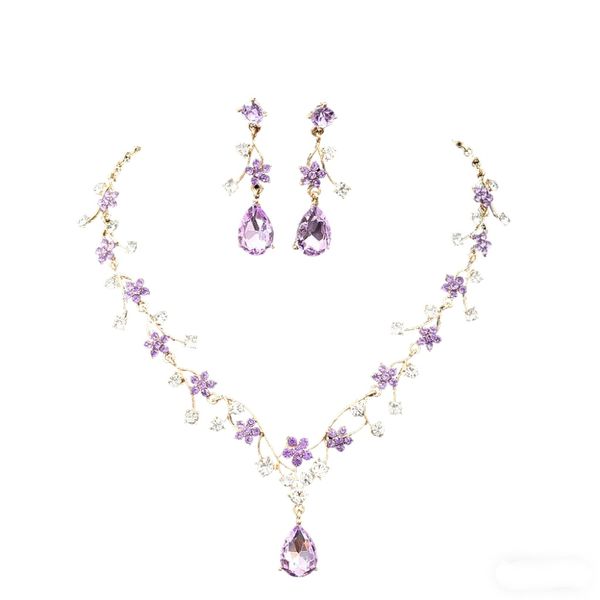 Gold-Plated Purple Crystal Floral Necklace &amp; Earring Set - Glam Party