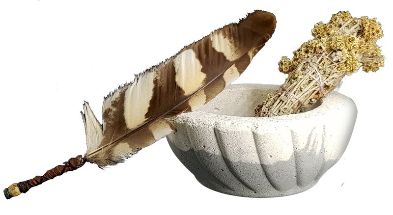 Cement Smudge Bowl and Imphepo Smudge Wand -Owl Smoke Feather Fan