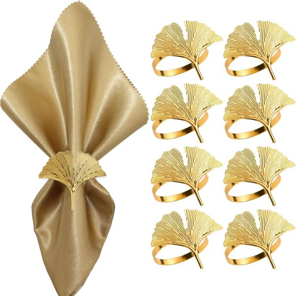 8 Pack Napkin Rings, Leaf Shape Napkin Rings Gold, Metal Napkin Rings