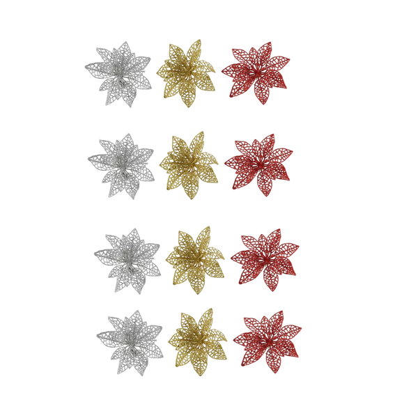 Elegant Glitter Flower Christmas Decoration - 12 Piece