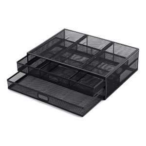 2 Tier Metal Mesh Monitor Stand Laptop Desk Organizer with Storage Drawers