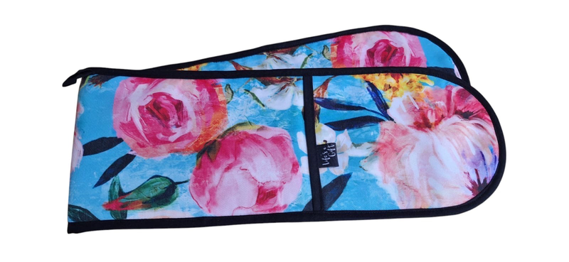 Life's a Gift Heat-Resistant Oven Glove/Mitt - Beautiful Pink Roses on Blue