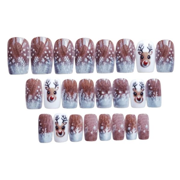 24 Piece Christmas Reindeer Press-On Nail Set - Brown