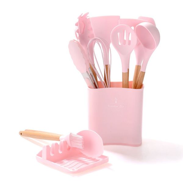 Pink Silicone Non-Stick Kitchen Cooking Utensils Set With Holder-13 Pieces