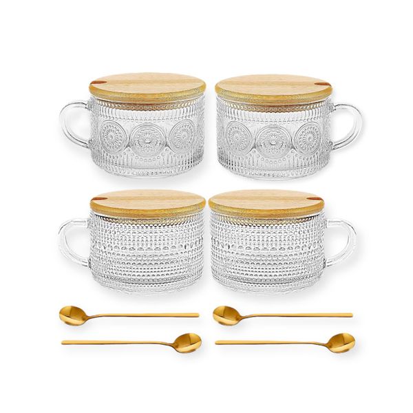 Vintage Glass Coffee Mug Set of 4 Embossed Glass Cup with Bamboo Lid &amp; Spoon