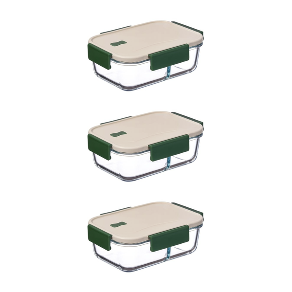 Split Compartment Glass Food Storage Containers - 1L - 3 Pack