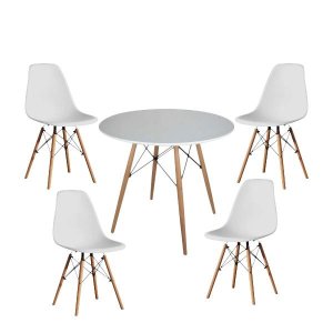 White 1 + 4 Dining Set (Round) - 90cm