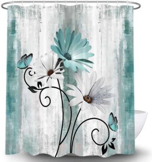 Rustic Farmhouse Shower Curtain, Farm Teal Daisy Floral Flowers &amp; Butterfly