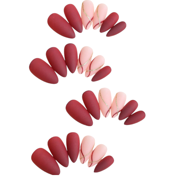 24 Piece Almond Shape Press-On Nails With Gold Accents - Maroon