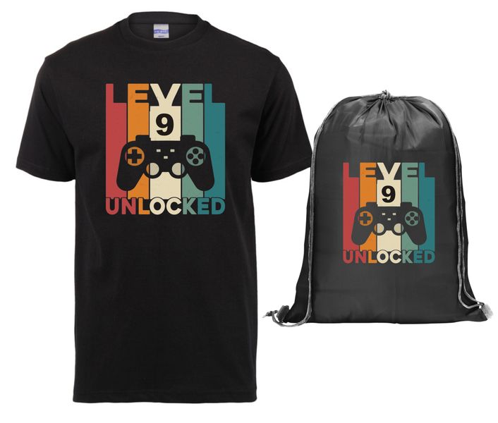 Birthday - Level 9 Unlocked Kids T-shirt and Drawstring Bag Combo