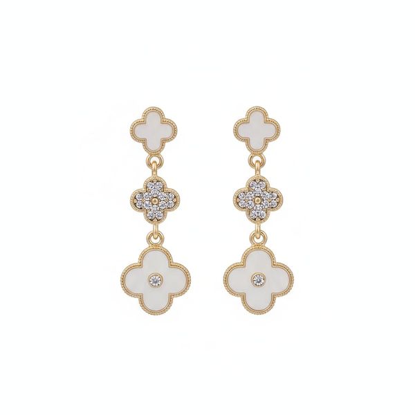 Gold Mother of Pearl Cubic-Zirconia Three Clover Flower Drop Dangle Earring