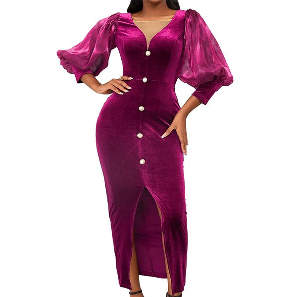 Woman's Evening Party Dress Plus Size Velvet Maxi Dress Lantern Sleeve