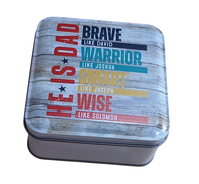 Small Custom Storage Tin 10 x 10 cm - Brave, Warrior, Smar, Wise, He is DAD