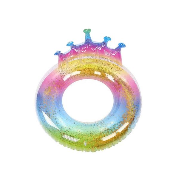 Sequined Rainbow Inflatable Crown Swim Ring Float with Gold Glitter
