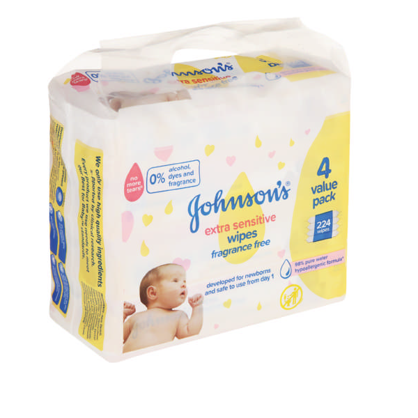Johnson's Extra Sensitive Wipes Fragrance-Free Value Pack (4 x 56 wipes)