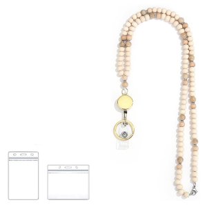Natural Wood Bead Retractable Lanyard - ID Badge Holder for Women's