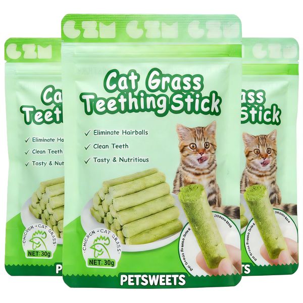 3 Packs 18Piece Cat Grass Teething Sticks Dental Chew Sticks for Cats