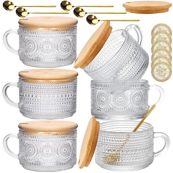 6-Pack (24 Piece) Vintage Glass Coffee Mugs Overnight Jars Tea Cups With Bamboo Lids
