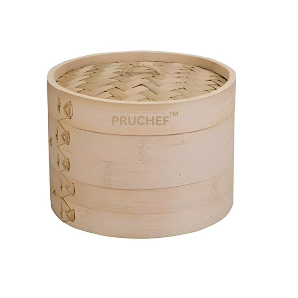 Pruchef - Bamboo Steamer Basket for Dumpling Dim Sum - 2 Tier 20cm Diameter