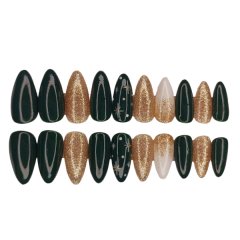 Luxury Press On Nails - Medium Almond Emerald Green &amp; Gold Set - 20 Piece