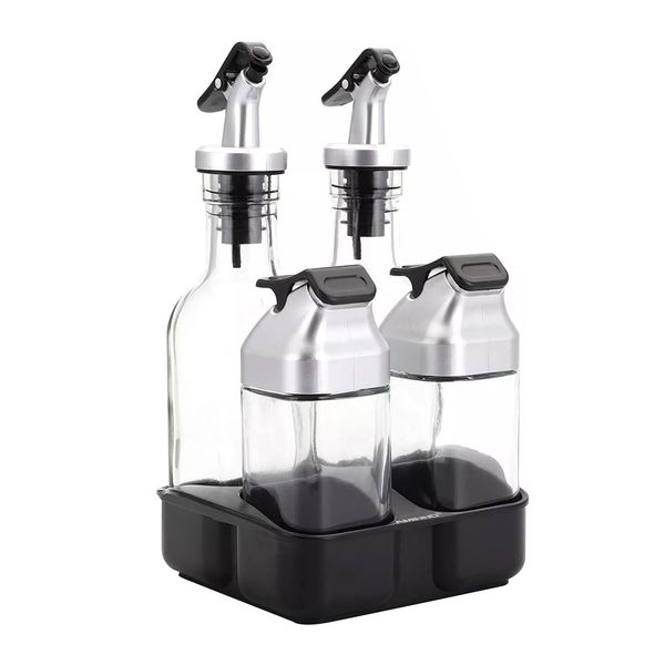 4 Piece Tabletop Seasoning Container Set Condiment Bottle with Holder