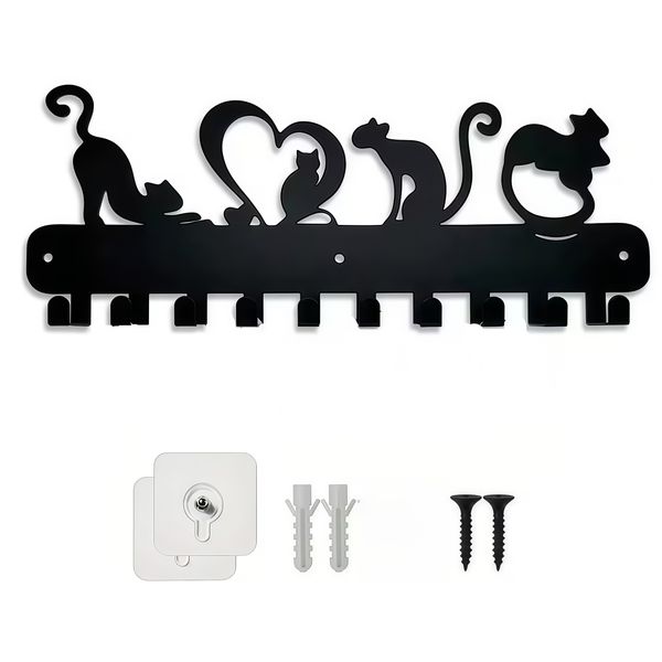 Cat Silhouette Metal Key Holder 10 Hooks Wall Mount For Entryway