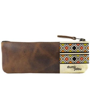 Genuine Leather Ndebele Inspired Pencil Bag | Orange squares
