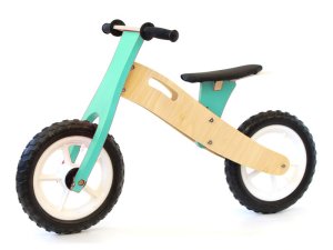 BooToo Wooden Balance Bike - Natural Birch &amp; Light Blue with White Rims