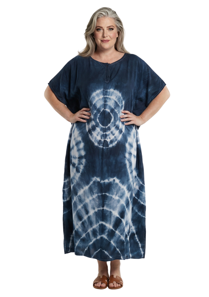 Women's Dark Navy Tie Dye Rayon Loose Kaftan