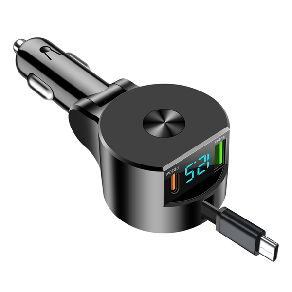 Digital Display Retractable Cable Car Charger Supports PD30W Charging