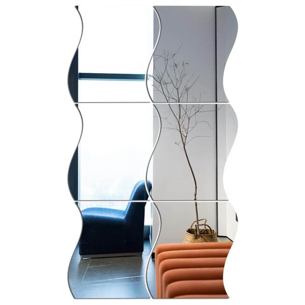 6 Pack Decorative Mirror Tiles in Wave Shape, Self-Adhesive Mirror Tile