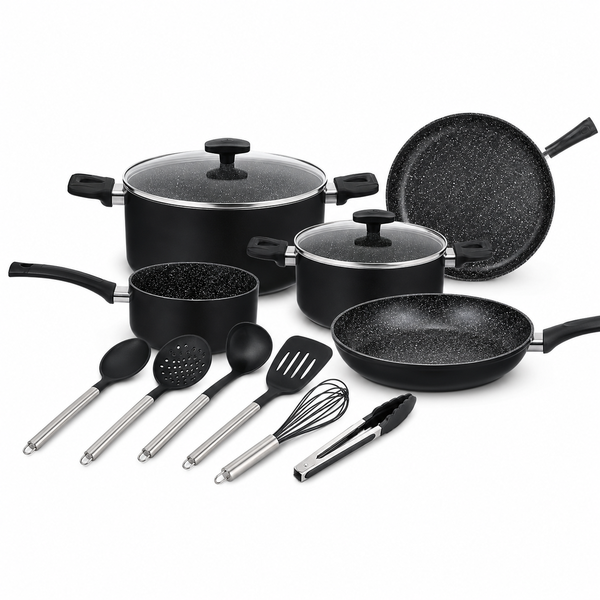 12 Piece Non-Stick Aluminium Cookware Set with Glass Lids