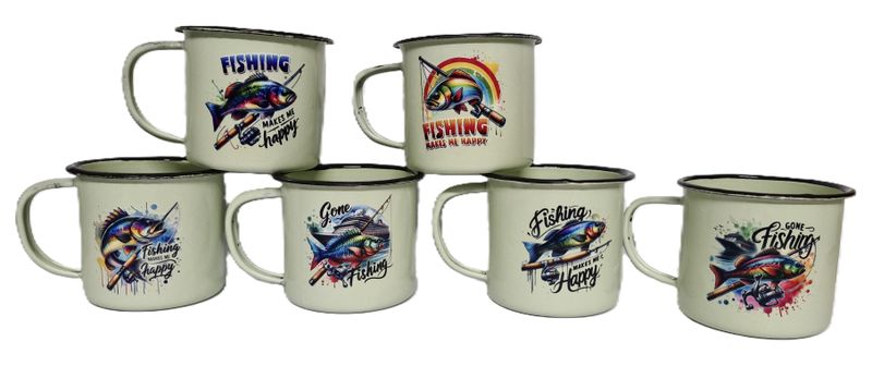 Set of 6 Pack Enamel Coffee mugs with Gone fishing designs