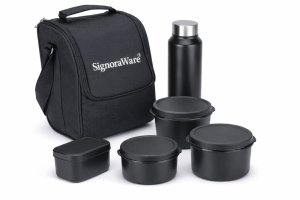 Signoraware Monarch Premium 4 Piece Lunch Box set and Stainless Steel Flask