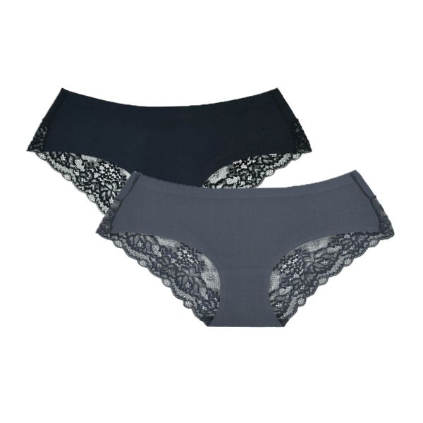 Pack of 2 Amila Silky Seamless Lace Underwear - Grey &amp; Pink