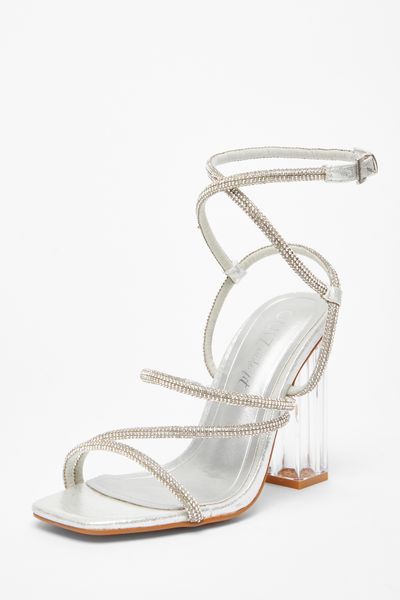 Quiz - Women Wide Fit Silver Diamante Heeled Sandals