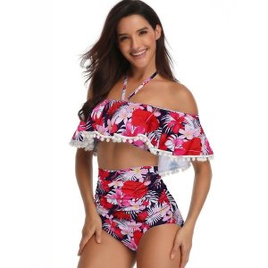 Edendiva's Floral Tassel Halter Neck High Waist Bikini Set - Pink