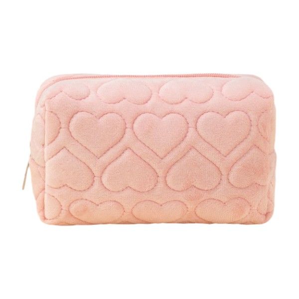Portable Plush Heart Patterned Cosmetic Makeup Bag - Pink