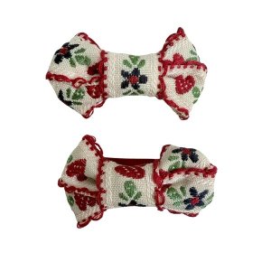 Red &amp; Green Embroidered Bow Hair Clip Festive Party Style - Set of 2