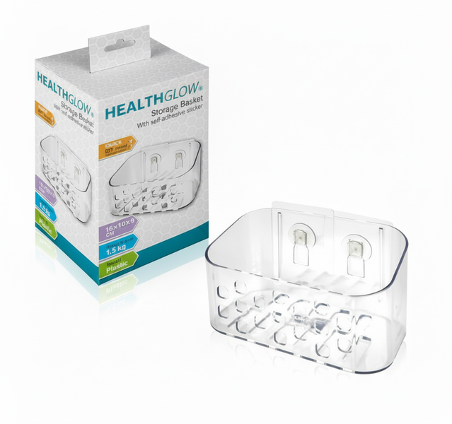Healthglow Self-Adhesive Storage Basket 16x10x9 cm - Wall-Mounted Organizer