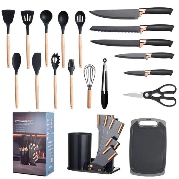 Silicone Kitchen Utensil Set and Plastic Cutting Board with a Stand