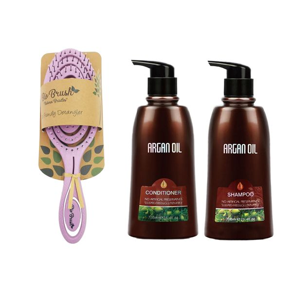 Bio Brush Detangling Brush Pink Circle Shape &amp; Argan Oil Twin Pack - 750ml