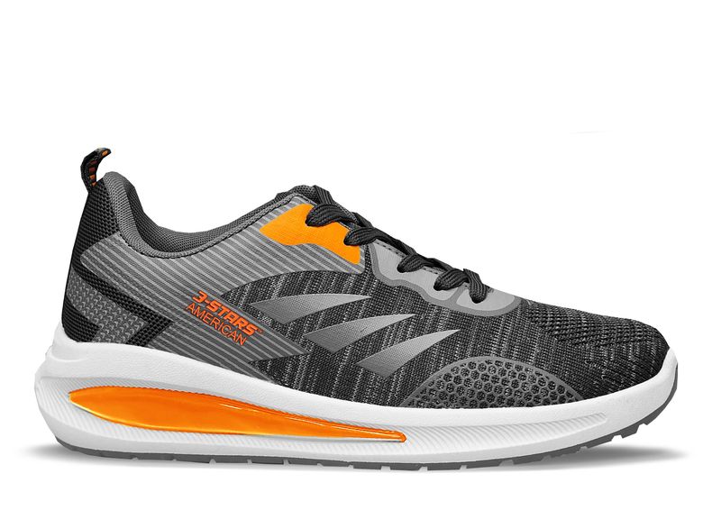 3-Stars Men's Shoes Casual Running Sneaker in Black with Orange Detail
